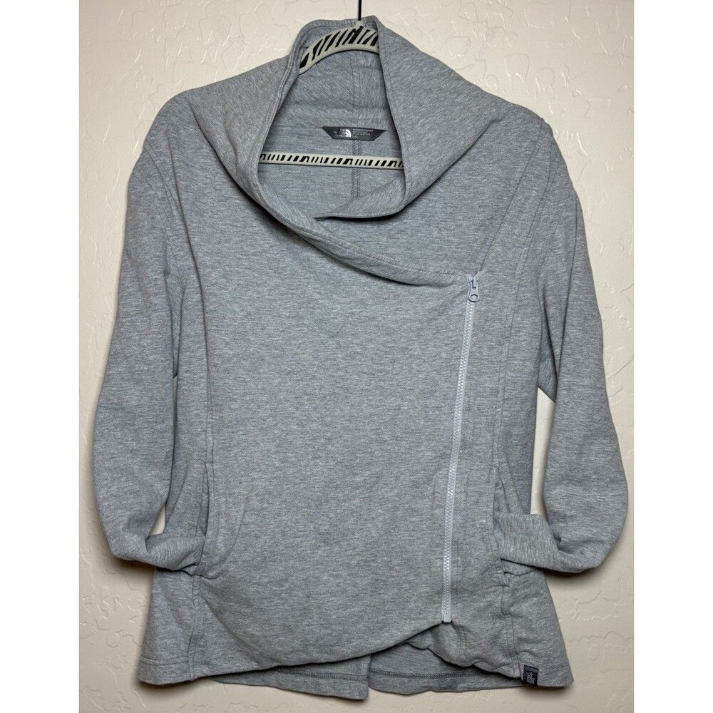 The North Face Womens L Gray Asymmetrical Zip Jacket Cowl Neck Zip Up Sweatshirt